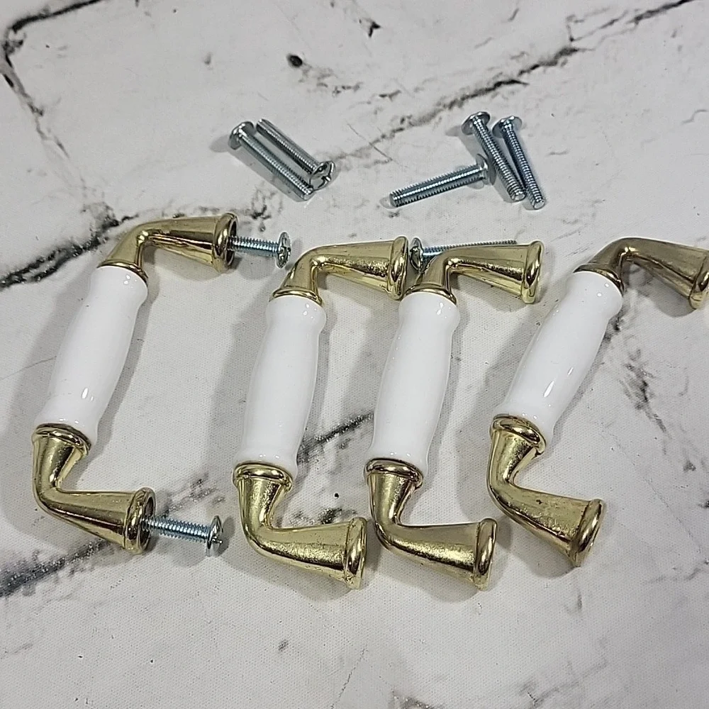 Vintage Drawer Pull Handles White Porcelain‎ Gold-Tone Lot Of 4 With Hardware